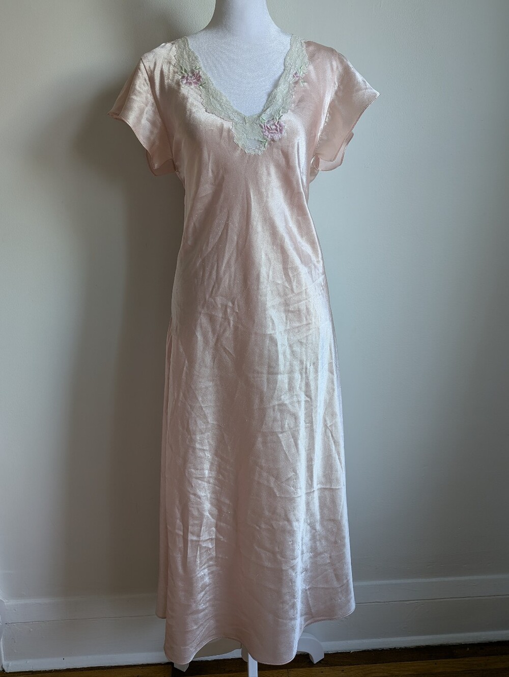 Oscar de la Renta Pale Pink Satin Lace Embroidered Slip Dress Night Gown M